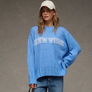 AE Blue White Oversized Faux Mohair Wide Cuff New York Graphic Crew Sweater